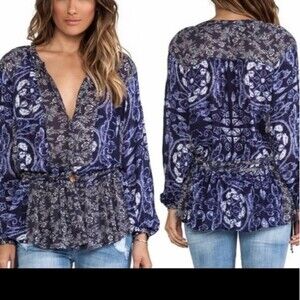 Free People Blue 3/4 Sleeve side tie Tunic Size XS Oversized